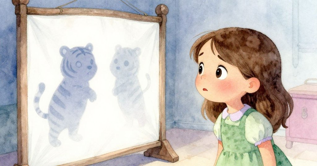 Flora凝視著逐漸拉長的雙虎影，表情中流露出驚奇與憂慮，近景捕捉深層情感衝突