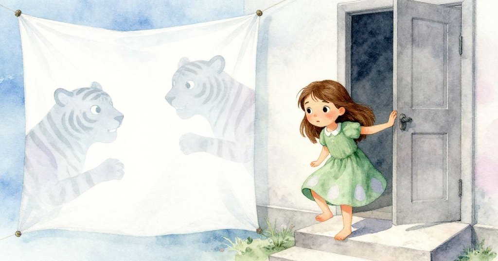 Flora堅定地走下狹窄階梯，關上幕後門，背後雙虎影依舊神秘，場景充滿淡雅溫暖與告別情懷