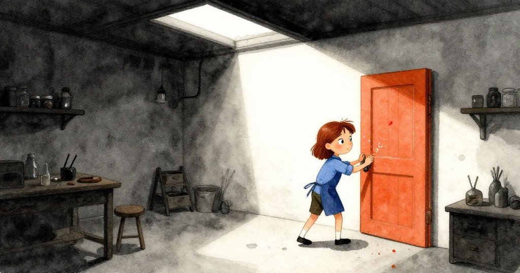 Faye推開工作室的古舊門扉，室內散落樹脂碎片在天窗細光中閃爍，她神情專注於探索明暗交織的空間。