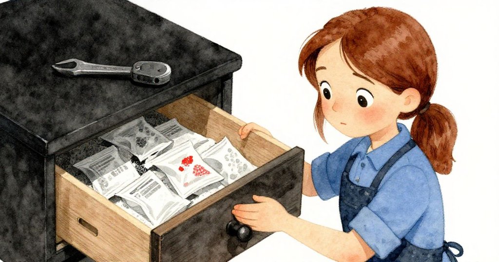 Faye輕輕打開木製抽屜，專注檢視磨光顆粒包裝，展現工作室內細膩溫馨的作業情景。