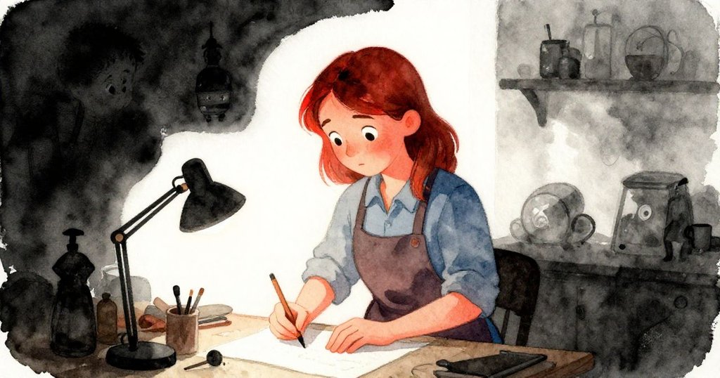 Faye回憶昔日明亮工坊，溫柔紅光瀰漫燈光與樹脂相映，她神情流露出溫暖與懷舊之情。