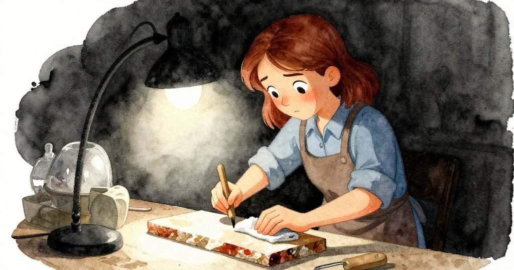 Faye專注調整樹脂板位置，手中工具隨動作舞動，彰顯工作室內充滿活力與堅定的工藝精神。