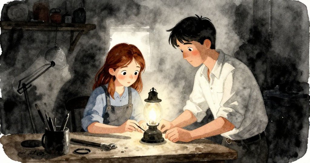 Faye與Kent在昏暗工作室中並肩工作，燈光暗沈卻映出彼此默契，空間散發出轉變後寧靜而堅定的氛圍。