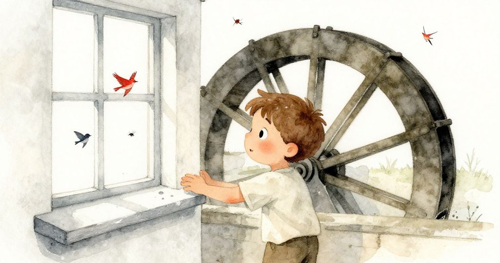 朱德在老磨坊窗台輕觸潮濕木紋, 背景中水車運轉, 麵粉飛散, 小鳥飛舞, 表情充滿好奇與活力。