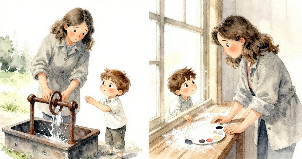 分割畫面呈現海茲爾在戶外調整水閘, 水花濺落, 朱德在室內觸摸彎曲麵粉痕跡, 兩人各自忙碌且專注。