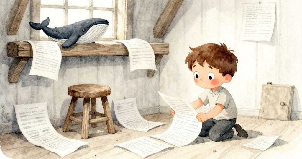 室內老磨坊儲藏室中, 朱德整理著發捲的海洋筆記, 木鯨玩偶靜立於橫樑上, 柔和燈光下景致溫馨而充滿故事。