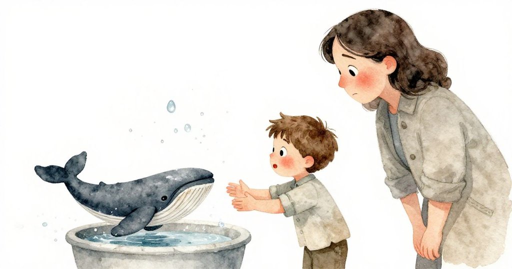 朱德滿懷驚喜與遲疑, 將小木鯨玩偶輕遞給海茲爾, 水花與麵粉交織, 兩人表情充滿探索與情感交流。