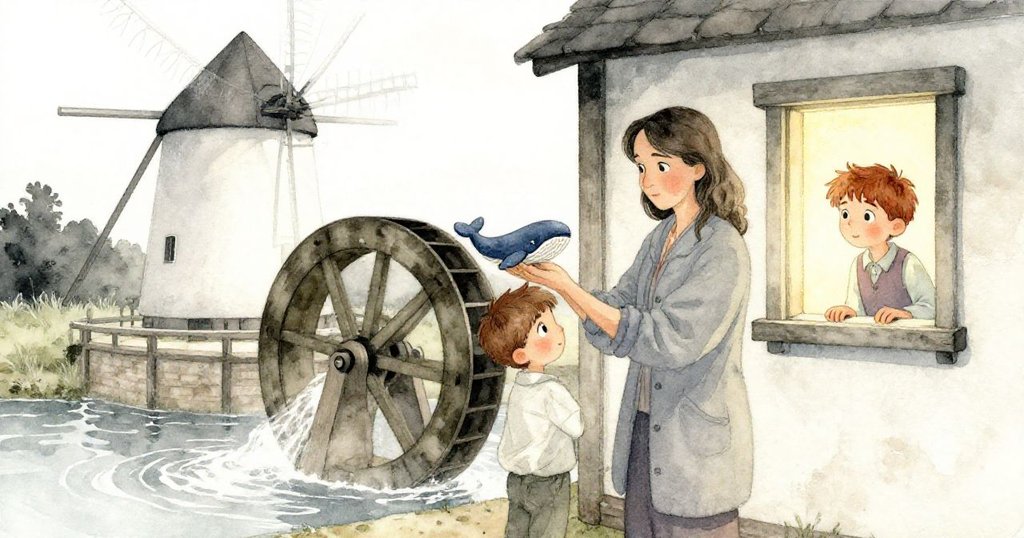 傍晚時分, 老磨坊外水車緩轉, 海茲爾小心持著珍貴玩偶, 朱德從窗邊靜觀, 氣氛寧靜充滿溫馨與驚奇。