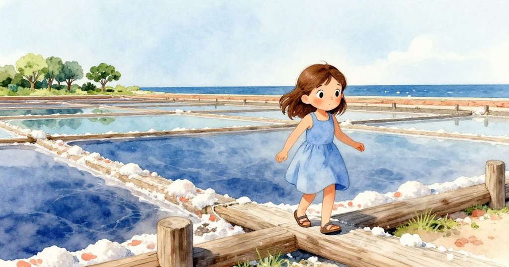 Opal 在寬闊的海岸鹽田中穿越低木欄杆，沙灘與海景映襯，神情充滿好奇與冒險，展現寧靜美景。