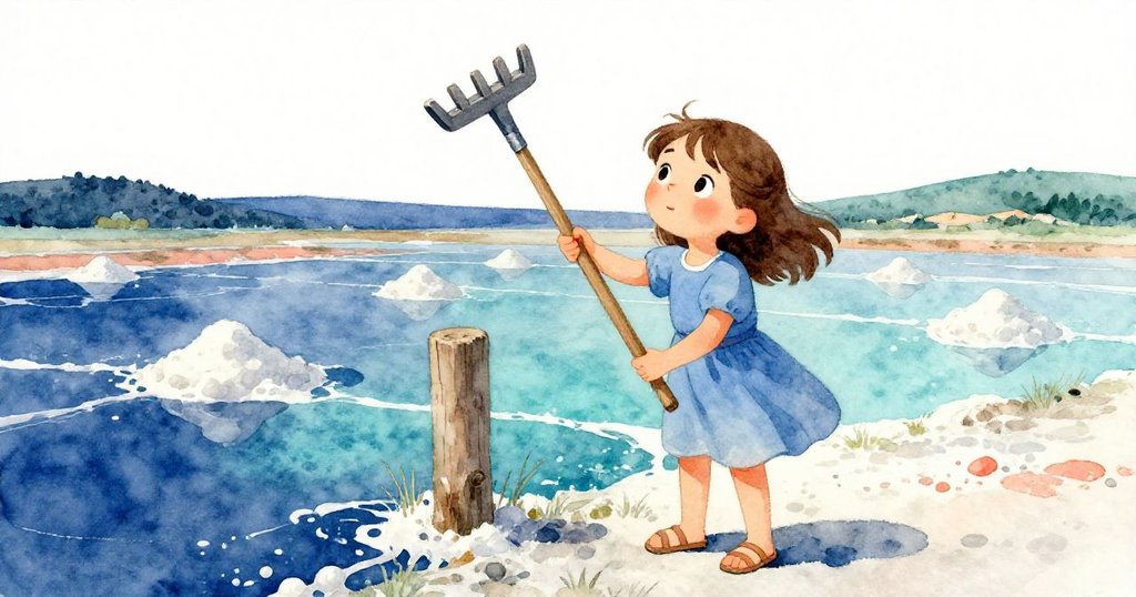 Opal 暫停於海邊裸露的舊木桿旁，輕觸木耙發出回響，神情專注而充滿探索，呈現靜謐意境。