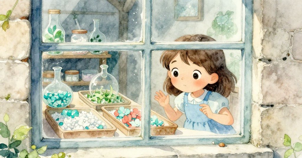 Opal 透過老舊玻璃窺視儲藏室內的實驗托盤與鹽花，神情專注，展現內外世界的巧妙交融。