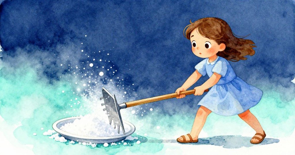 Opal 用力撬起堅固鹽板，現場金屬碰撞聲清晰，臉上表情堅定，場景動感激昂，展現行動與反應。