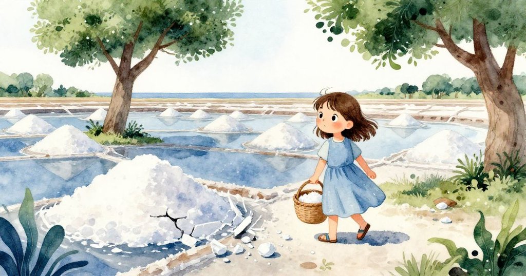 Opal 手提藤籃走在鹽田中，碎鹽板與晶體細膩閃爍，回歸海邊開頭場景，神情沉思且平靜。