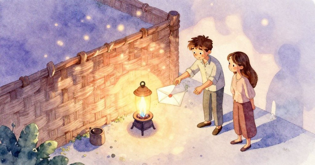 Glen和Zara在戶外互動，Zara操作燃燒器，藍色火焰升起，從空中俯瞰藤牆與發光信封，神情充滿期待與專注。