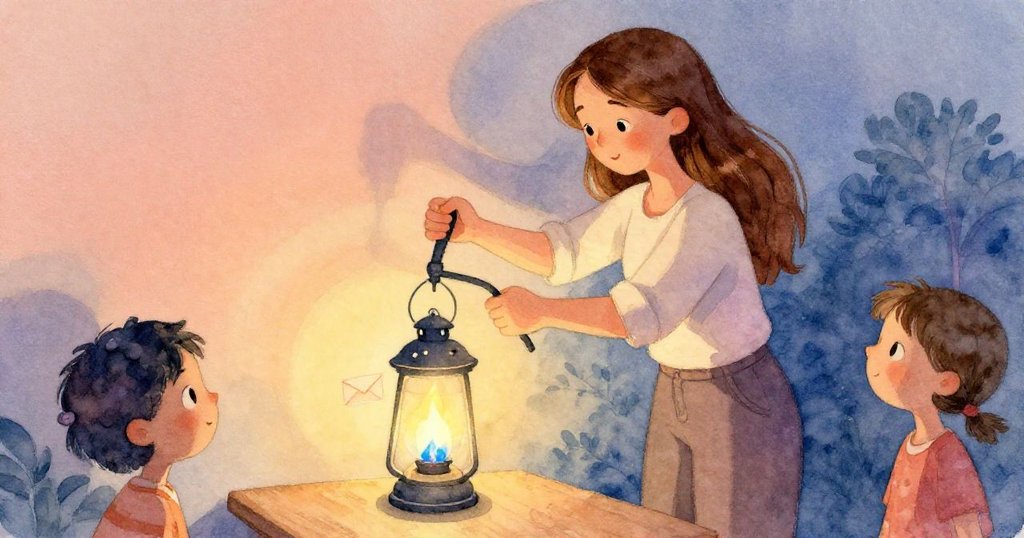 Zara專注操作燃燒器，手部細節清晰展現藍色火焰變幻成光亮信封，畫面溫暖且充滿魔幻感。