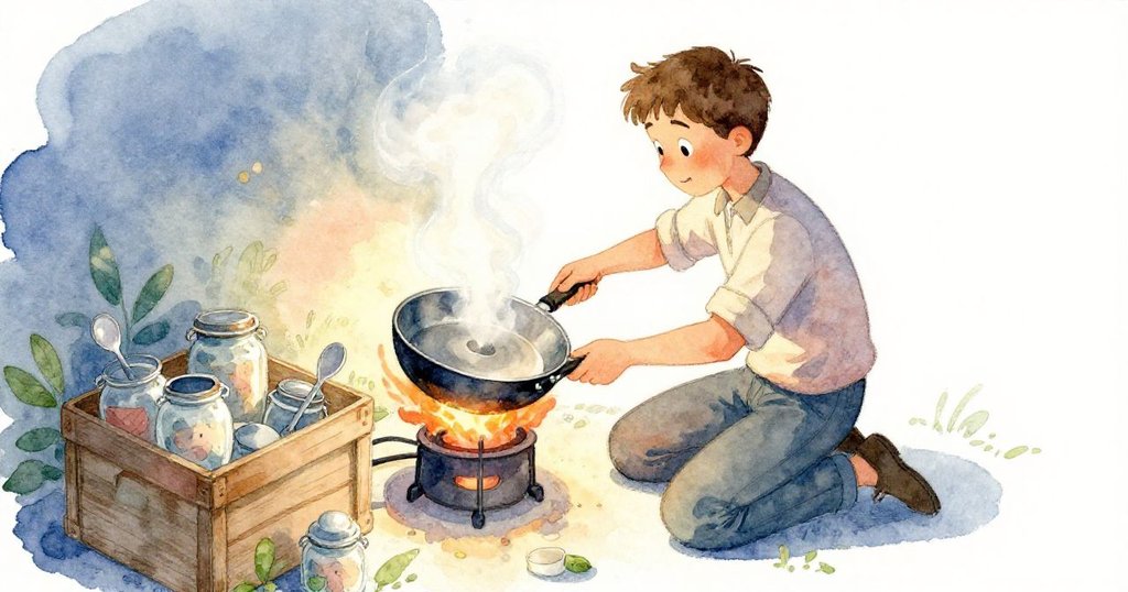 Glen低頭操作，在裝滿罐子與湯匙的箱旁謹慎放置鋼鍋，感受殘留湯汁散發的溫暖，畫面細節豐富。