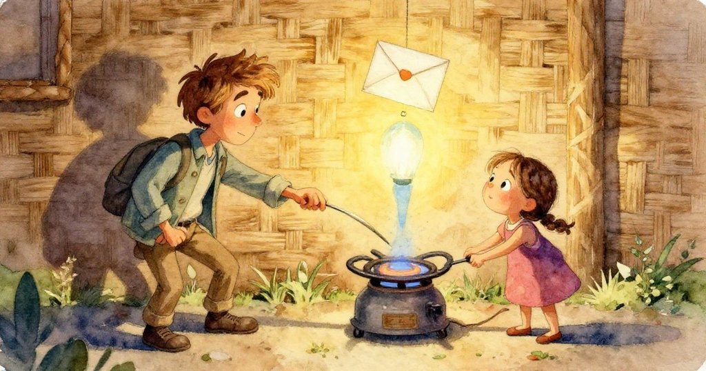 戶外寬廣田野如拼布般展現，燃燒器輕鳴散發暖風，小狗在遠處低鳴，畫面充滿平和自然氣息。