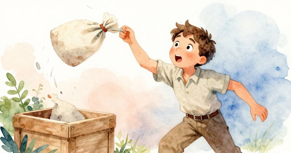 Glen驚訝注視棉布袋自箱上滑落旋轉，動態場景中情緒緊張而堅定，環境光影層次分明。