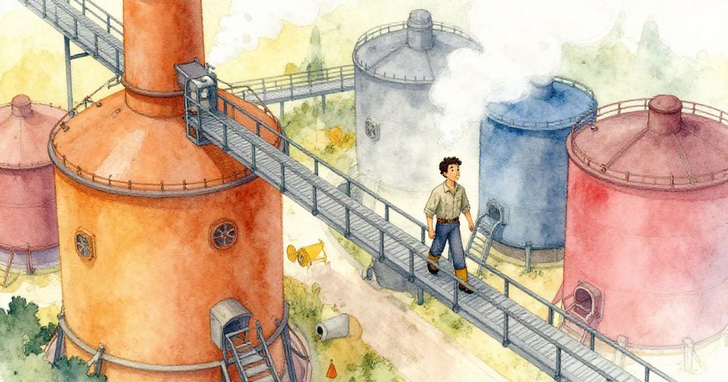 在工廠高空鳥瞰圖中,Glen 穿越窄小鐵橋,蒸汽繚繞,現場氛圍兼具工業感與暖光,充滿動感。