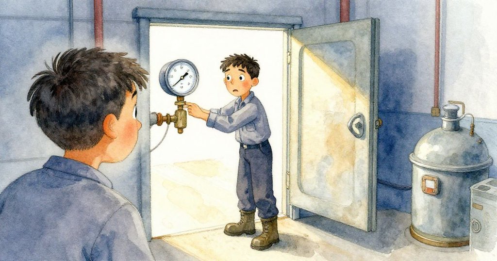 Glen 從背後仔細檢查儀表與微敞門扉,眉宇間流露疑問,場景充滿工廠細節與柔和光影。