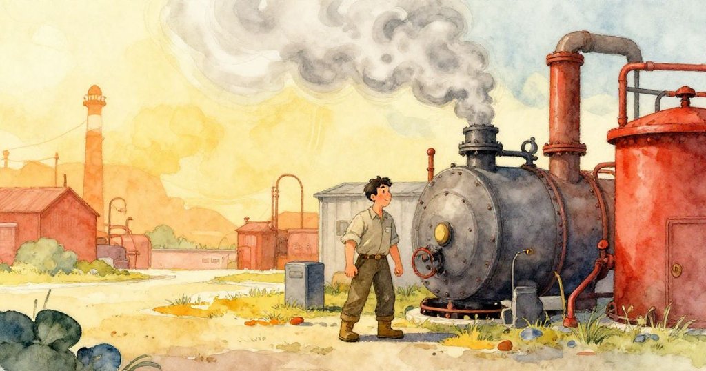 Glen 站在工廠外主鍋爐旁,迎接強風捲動蒸汽化作旗幟般飛舞,充滿行動與轉變能量。