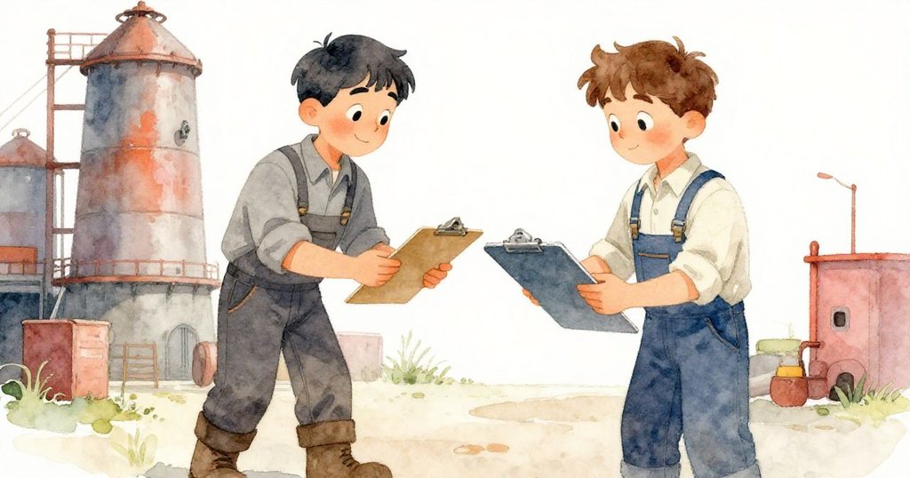 工廠內,Glen 專注於剪貼板操作,Max 靜靜點頭示意,彼此默契流露,展現工序中因果互動。