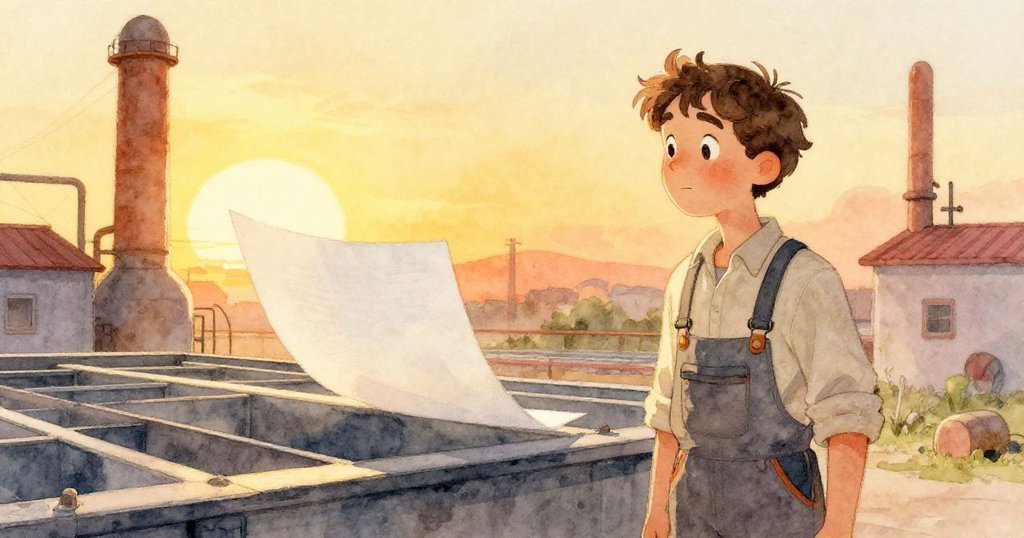 夕陽下的起紙間中,一張紙邊微微顫動,Max 注視著工作成果,整個場景散發寧靜與希望的暖光。