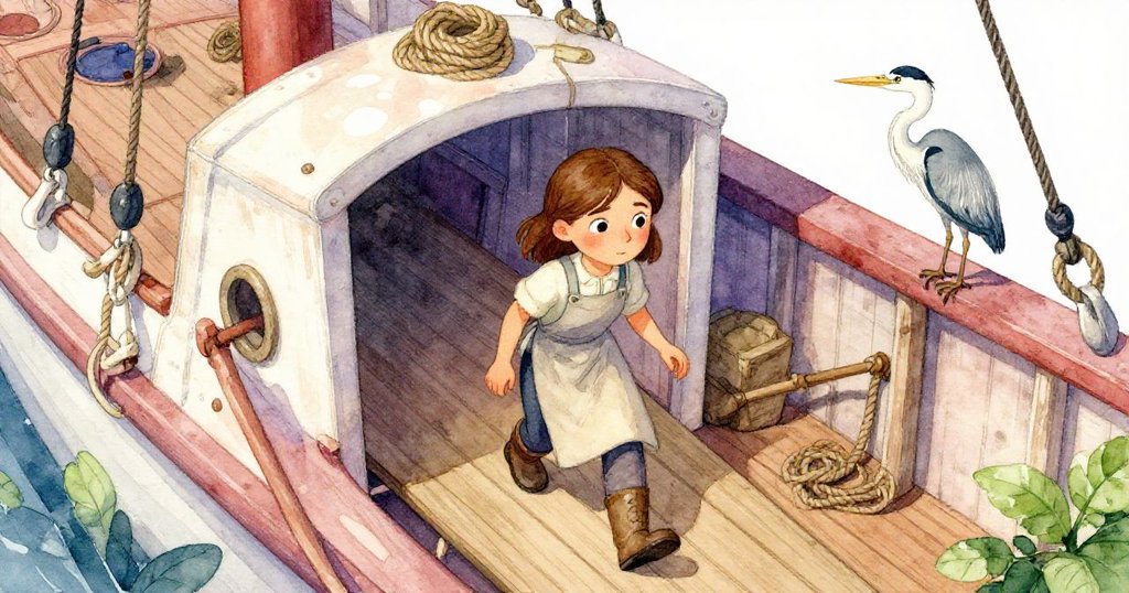 Vera穿著工作圍裙走進老舊船艙，背景中有油漆、繩索與灰鷺靜立，情境由明到暗展現故事開端。