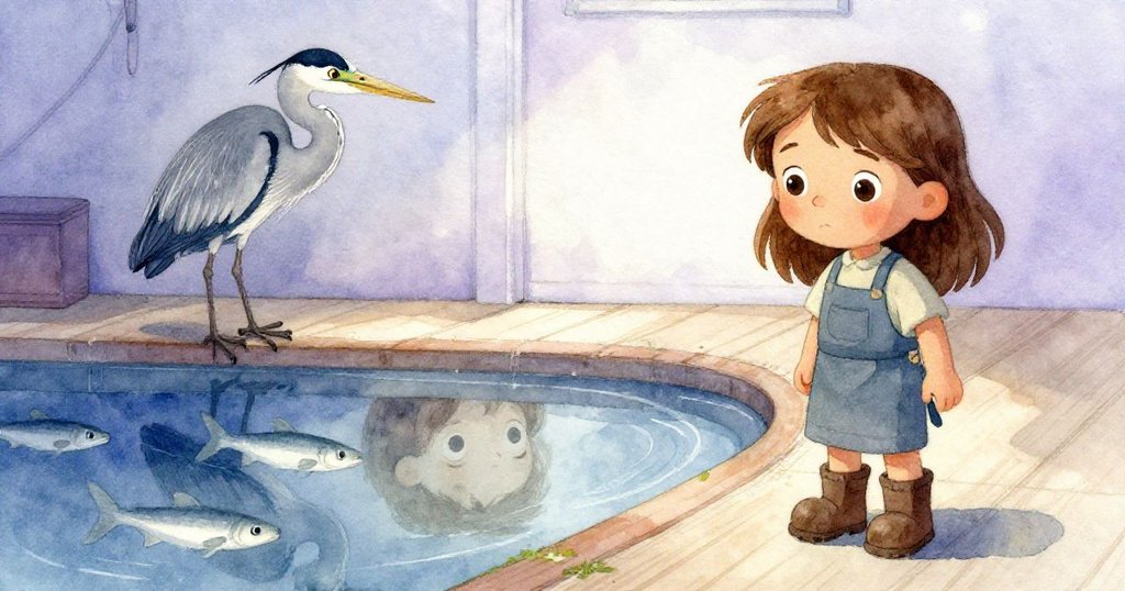 Vera凝視船艙內淺水池，水中銀魚穿梭，灰鷺與倒影交織，展現微妙觀察與內心驚奇的瞬間。