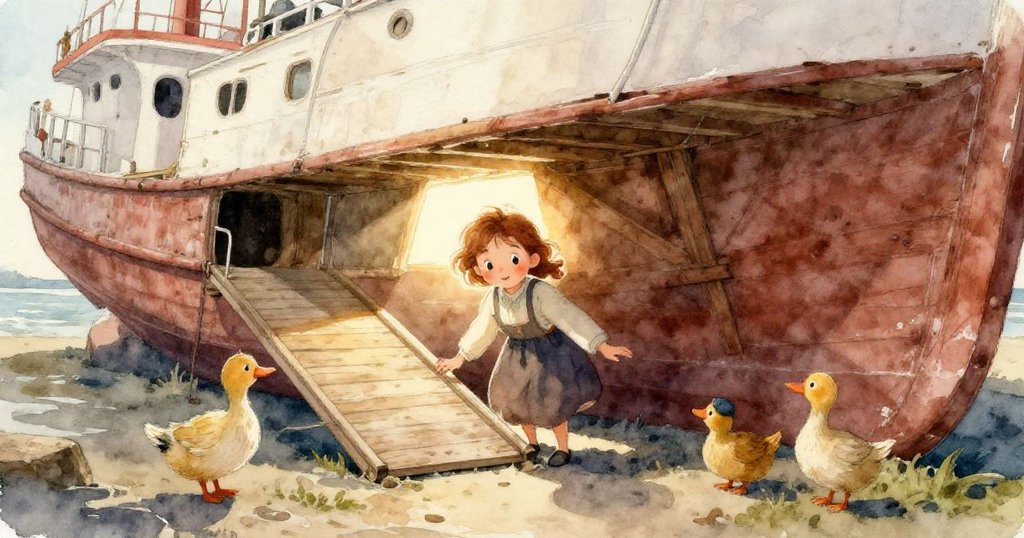 水下視角展現老舊船艙內的淺水池，銀色小魚穿梭於木板下，光影交錯呈現活潑靜謐融合的場景。