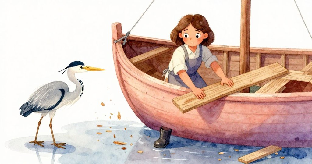 Vera小心移動木板，導致灰鷺微動並引起木屑飛散，畫面動感呈現動作與反應間的微妙連結。