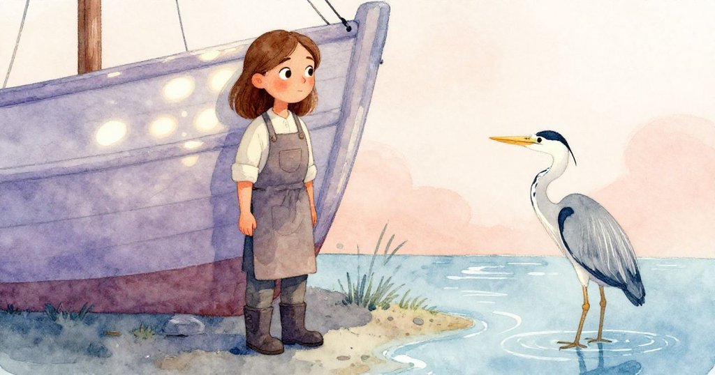 Vera靜立在船艙中反思，口袋工具安全收納，灰鷺依舊守候水邊，畫面呈現恬靜與和諧結局。