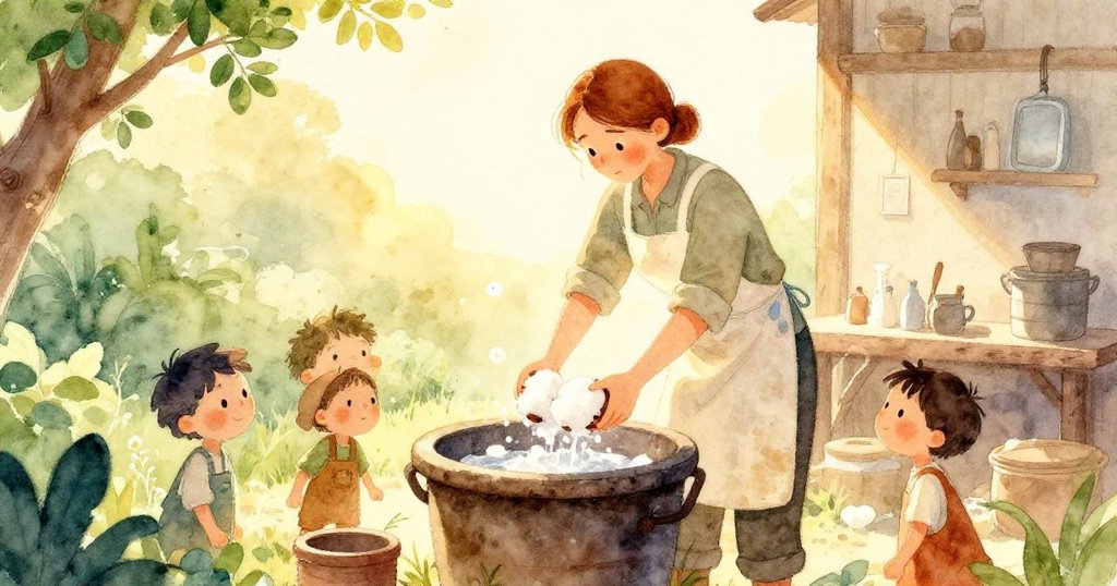 在晨光映照的作坊中,Bea專注低垂棉布進入老舊缸槽,背景呈現金色與葉綠光影,充滿決心。