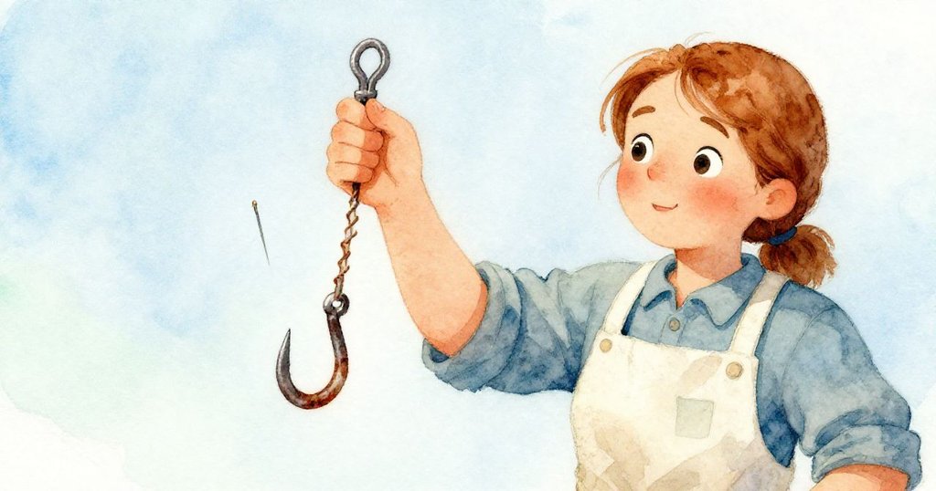 Bea的手專注穩固生鏽的鐵鉤,近距離呈現線狀鏽痕與針線細節,表情堅定而細膩。