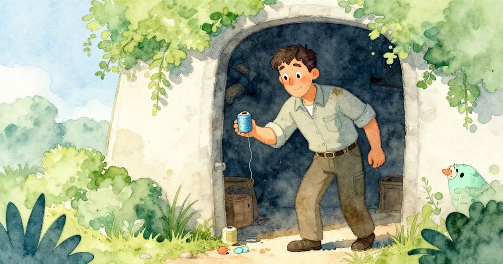 從低角度看,Ned從陰影中走出溫柔遞出線卷,展現和藹動作,作坊中透著葉綠和天空藍光影。