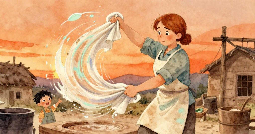 Bea迅速旋轉濕布,布上形成美麗螺旋紋路,夕陽橙光映襯下展現動感轉變,表情專注激動。