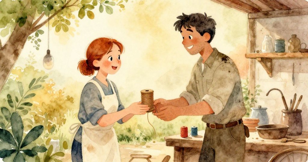 Bea與Ned在作坊中交換線卷,彼此會心一笑,晨光葉綠與夕陽橙光相映,溫馨互動感人。