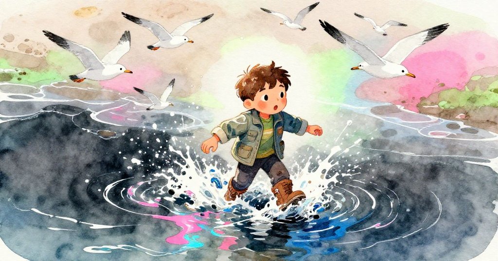 凱恩在水灘上嬉水飛濺，背後有海鷗盤旋，高空鳥瞰展現開頭探險氛圍與明亮天際