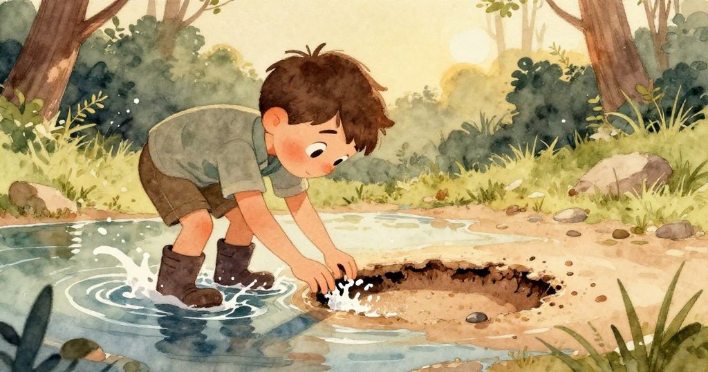 凱恩的手指輕觸有蹄印的凹痕，水珠閃爍出神秘光芒，細節展現探究心情