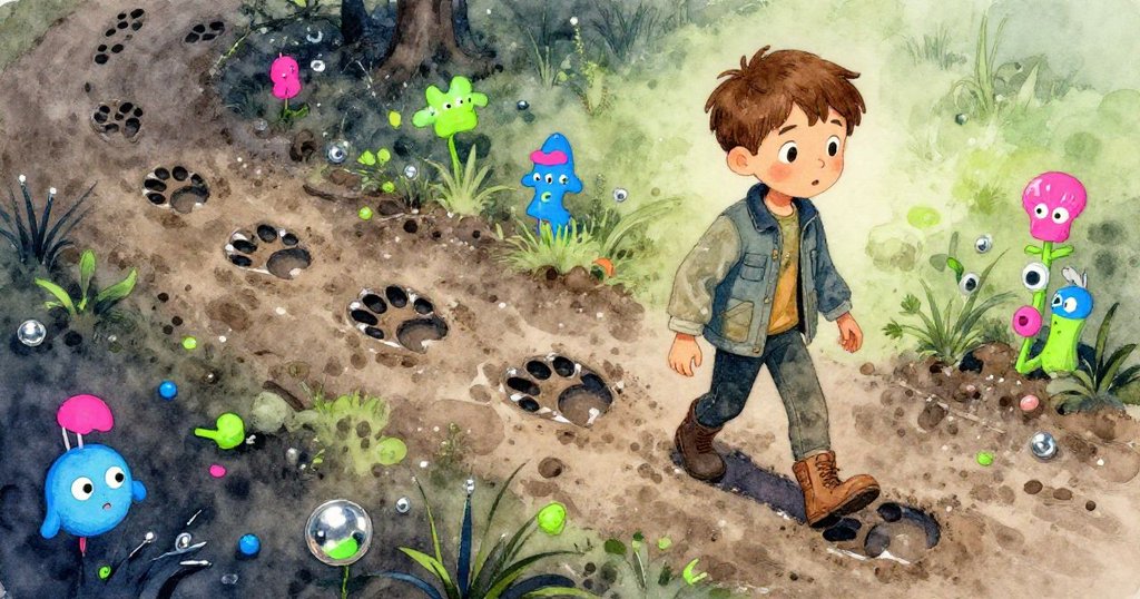 凱恩低頭俯視泥地上連綿的蹄印，神情專注，展現探索過程中細膩觀察的情感