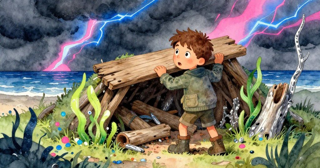 凱恩舉起破舊木板，發現由漂流木和海藻構成的小屋，遠處暴風雨隱現，突顯轉折時刻