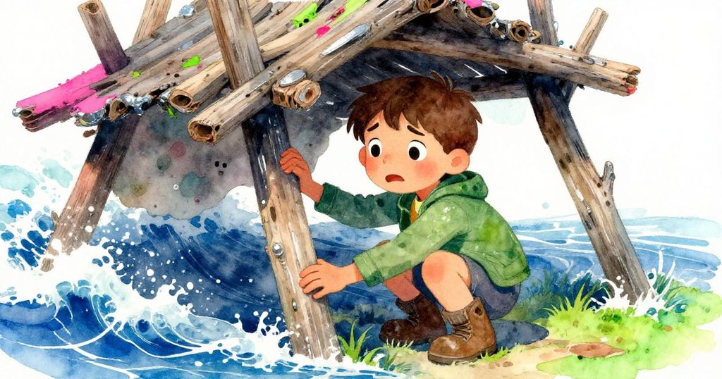 凱恩蹲下穩住搖曳小屋，滿臉緊張與堅定，面對湧動海水展現內心掙扎及保護心情