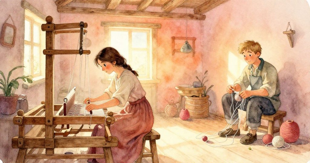 妮娜專注於古老的織布機作業，伊凡旁邊纏繞紗線，溫暖陽光灑進寬敞工作室，充滿晨光與希望。