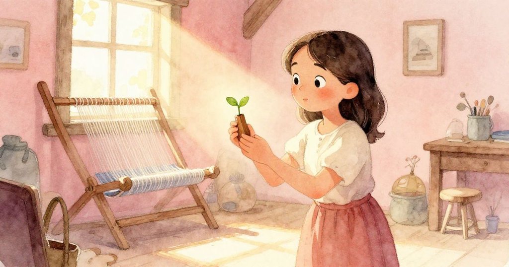 從妮娜背後視角看，雙手輕觸老舊木柱上不平的木塞，細小綠芽從縫隙中冒出，充滿好奇與溫暖。