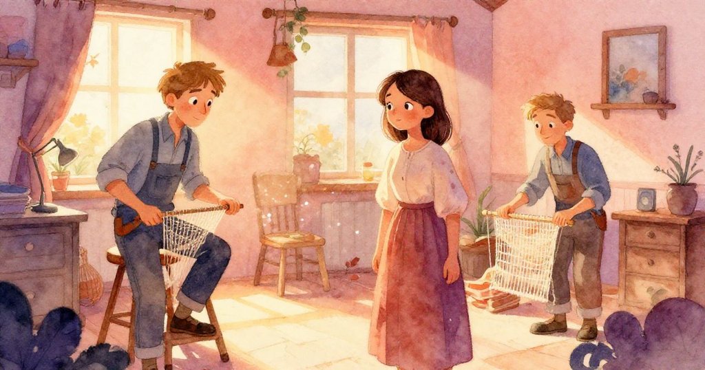 伊凡移開凳子創造空間，妮娜望向金色斜射光線中飄舞的塵埃，室內充滿秋日溫暖與靜謐。