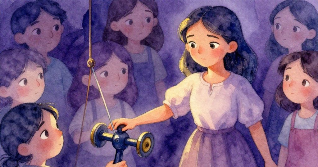 妮娜集中神情輕觸溫暖的緊繃輪，面露微妙擔憂，織布機旁微妙故障引起沉靜懸念。