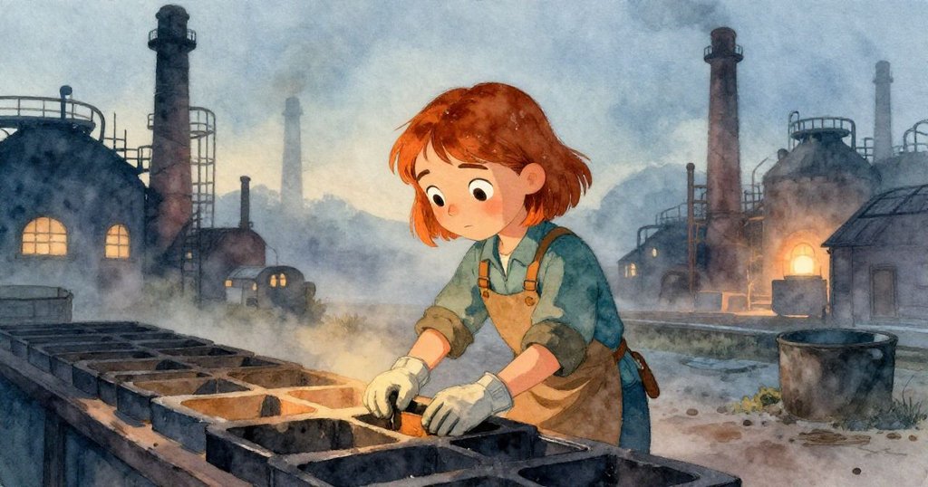 Wren 在晨霧中擺放模具，柔和琥珀光灑落煉鋼廠內，背景呈現高煙囪與靜謐早晨，充滿期待開始。