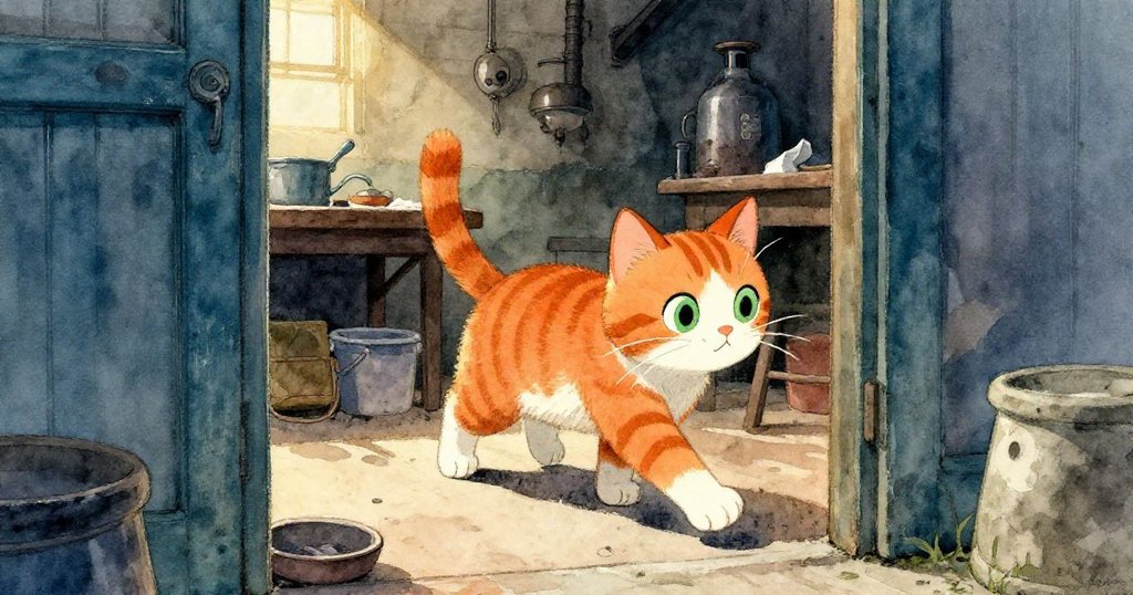 透過半掩門扇，一隻虎斑貓小心探步於煉鋼廠內，暖光映照工坊細節，充滿神秘探索情感。