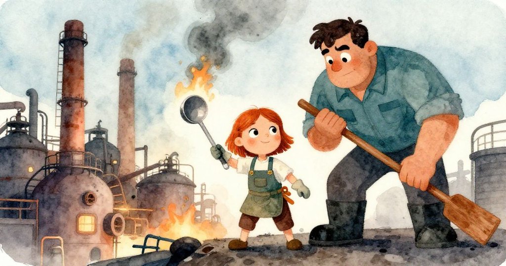 從高處俯視，Wren 與 Ivan 協作處理熔融金屬，背景有高煙囪與熱浪，展現熱情工坊動態。