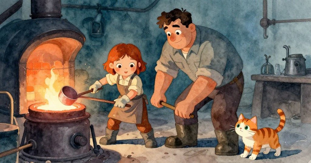 Wren 與 Ivan 協力調整熔融金屬，貓咪好奇遊走其間，畫面流露團結合作與動感溫暖氛圍。